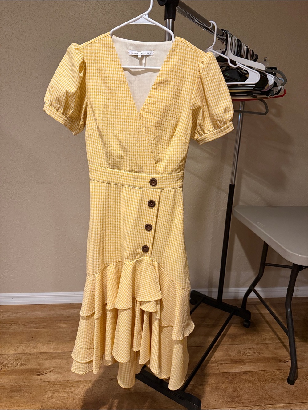 English Factory Yellow Gingham Faux-Wrap Midi Dress with Ruffle Hem